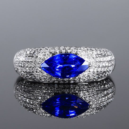 14k Gold 1.90 Ctw Natural Sapphire & Diamond Ring: Ref:230988069 // gold content:14k gold // ring size:7. 25us // // main gemstone:sapphire // shape:marquise // carat weight:1. 40ct // color:royal blue // treatment:natural // // adjacent gemstone 2 : 