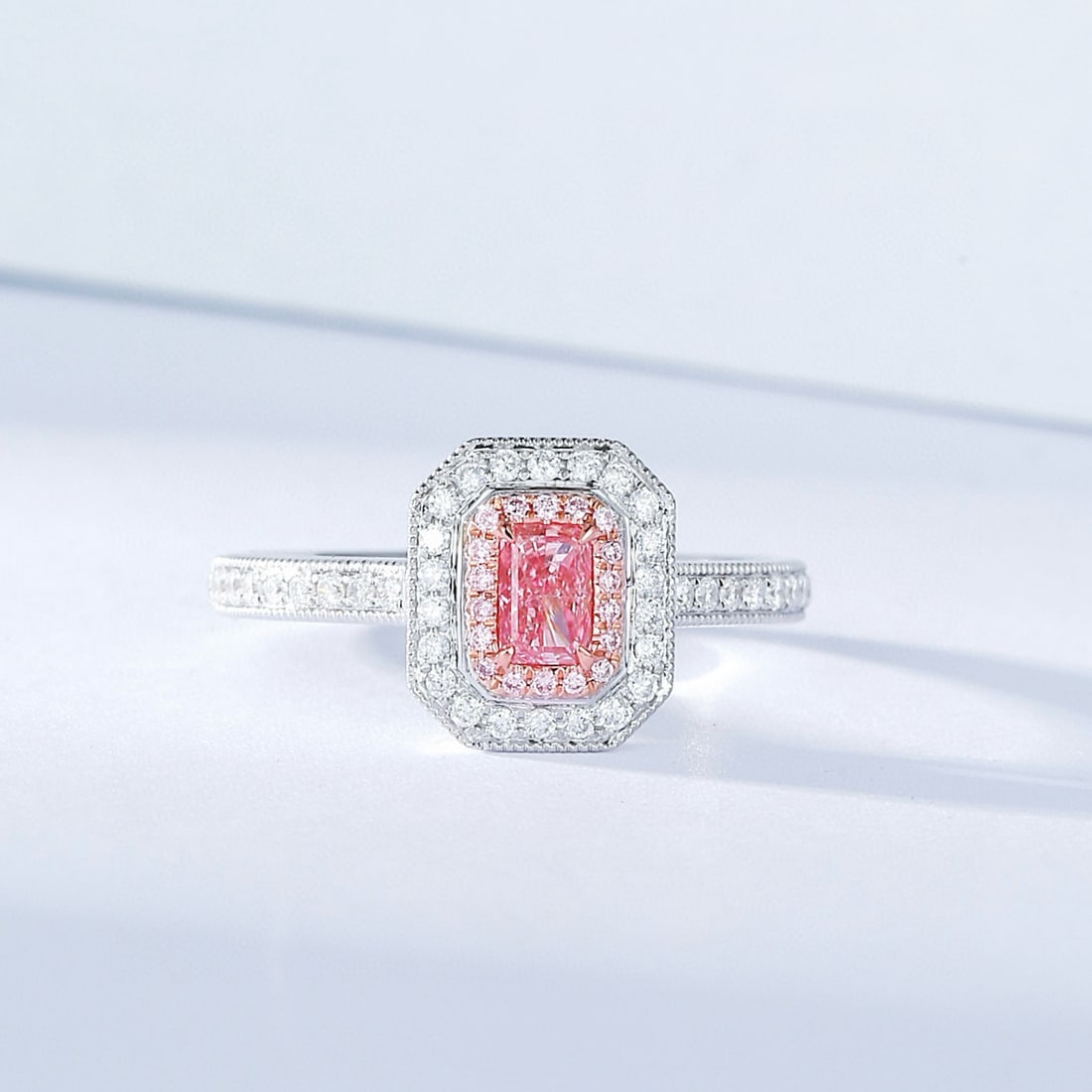 14k Gold 0.49 Ctw Natural Pink Diamond & Diamond Ring: Ref:230988071 // gold content:14k gold // ring size:7. 25us // // main gemstone:pink diamond // shape:cushion // carat weight:0. 22ct // color:pink // treatment:natural // // adjacent gemstone 2 :