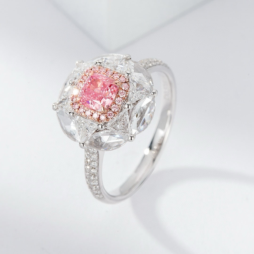 Gia Certified 14k Gold 1.85 Ctw Natural Pink Diamond & Diamond Ring: Ref:230988072 // gold content:14k gold // ring size:7. 25us // // main gemstone:pink diamond // certified:gia // shape:cushion // carat weight:0. 57ct // clarity grade:si1 // color:pink // treatment:n