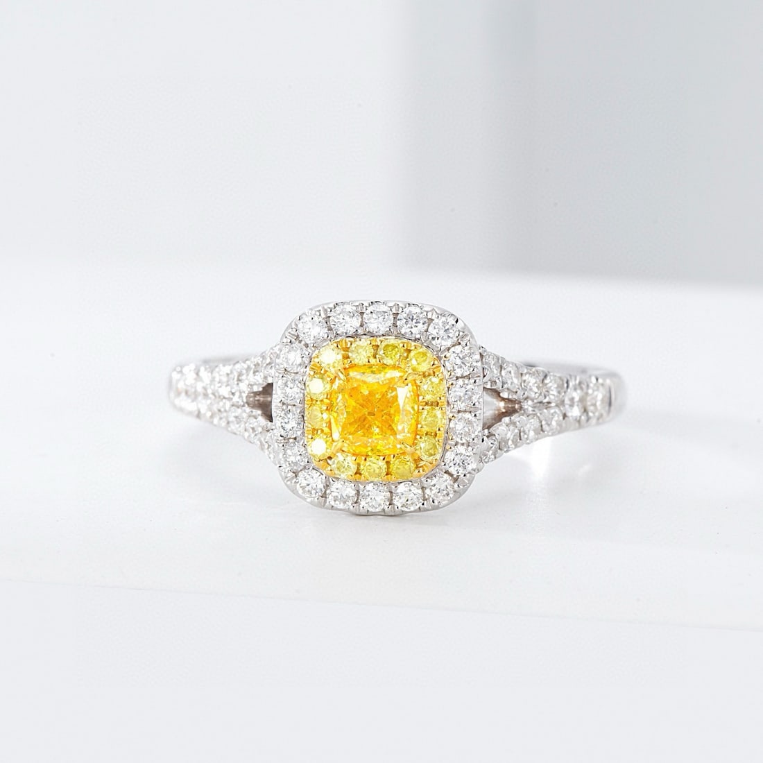 14k Gold 0.63 Ctw Natural Yellow Diamond & Diamond Ring: Ref:230988075 // gold content:14k gold // ring size:7. 25us // // main gemstone:yellow diamond // shape:cushion // carat weight:0. 36ct // color:yellow // treatment:natural // // adjacent gemstone 2 :