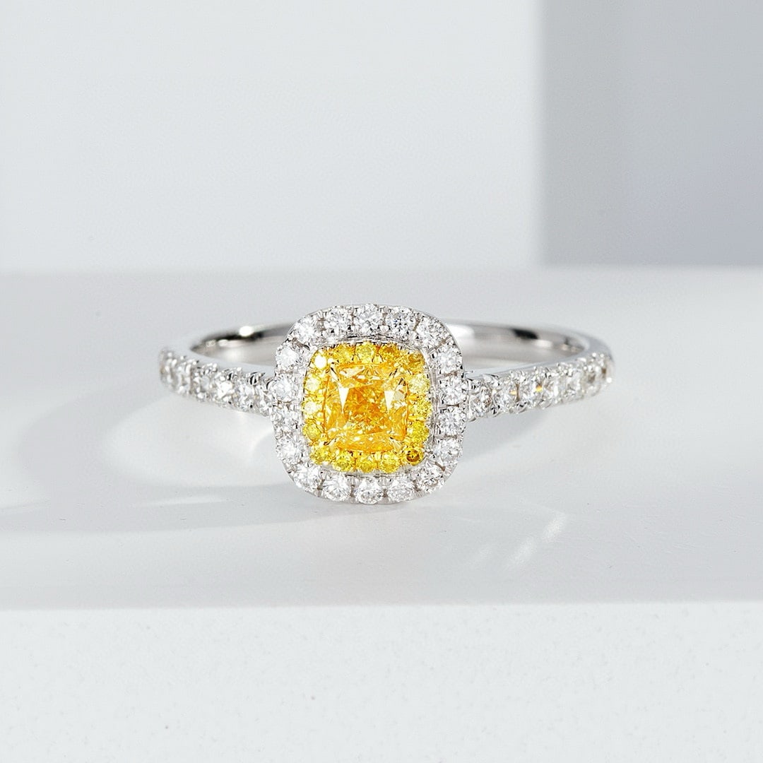 14k Gold 0.72 Ctw Natural Yellow Diamond & Diamond Ring: Ref:230988077 // gold content:14k gold // ring size:7. 25us // // main gemstone:yellow diamond // shape:cushion // carat weight:0. 37ct // color:yellow // treatment:natural // // adjacent gemstone 2 :