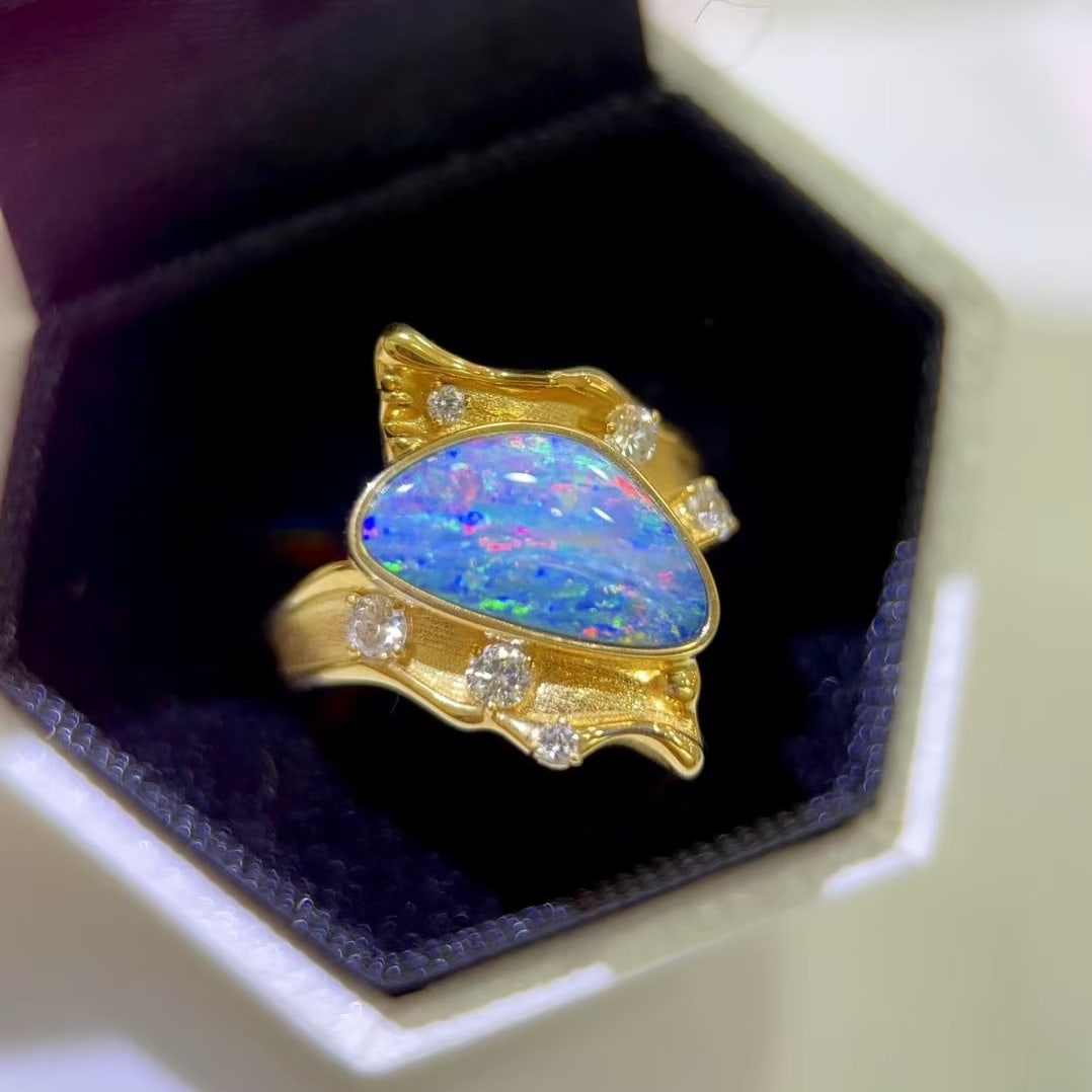 14k Gold 2.31 Ctw Natural Opal & Diamond Ring - 2