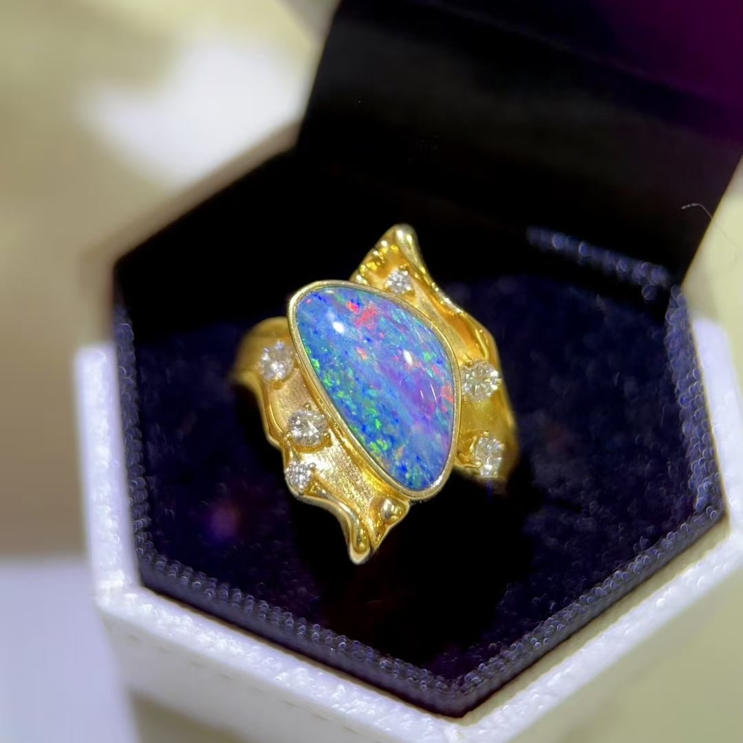 14k Gold 2.31 Ctw Natural Opal & Diamond Ring - 3
