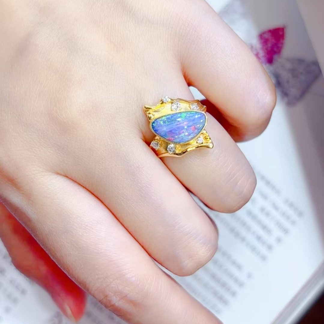 14k Gold 2.31 Ctw Natural Opal & Diamond Ring - 4