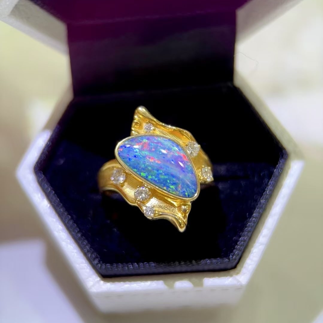14k Gold 2.31 Ctw Natural Opal & Diamond Ring - 6
