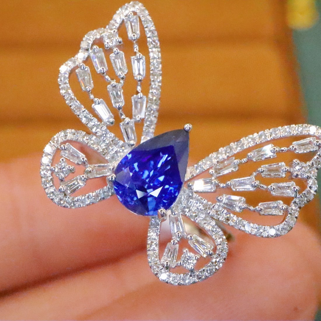 14k Gold 1.80 Ctw Natural Sapphire & Diamond & Butterfly Ring: Ref:230988099 // gold content:14k gold // ring size:7. 25us // // main gemstone:sapphire // shape:pear // carat weight:1. 28ct // color:royal blue // treatment:natural // // adjacent gemstone 2 :