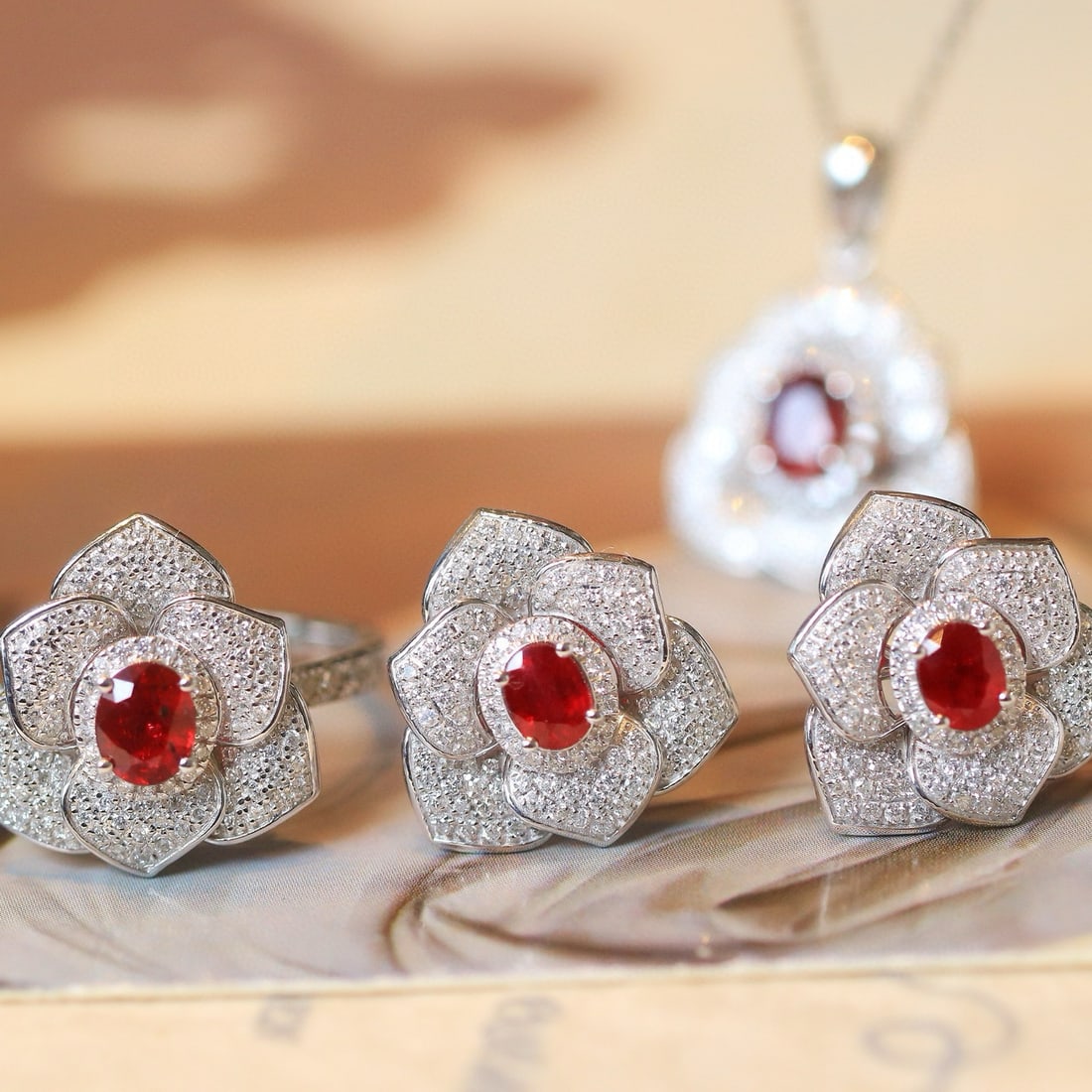 14k Gold 3.12 Ctw Natural Ruby & Diamond Jewelry Set - 3