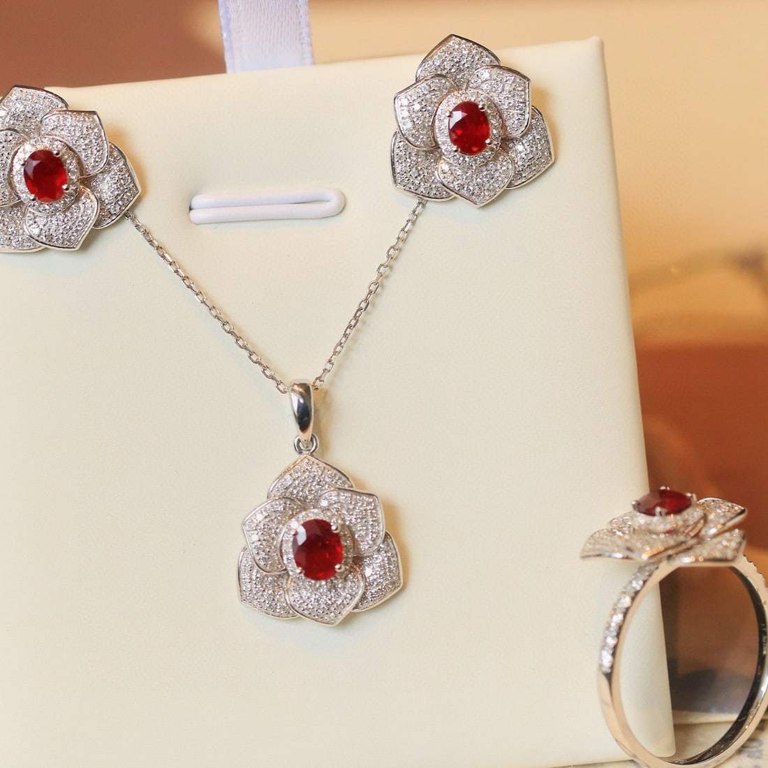 14k Gold 3.12 Ctw Natural Ruby & Diamond Jewelry Set - 4