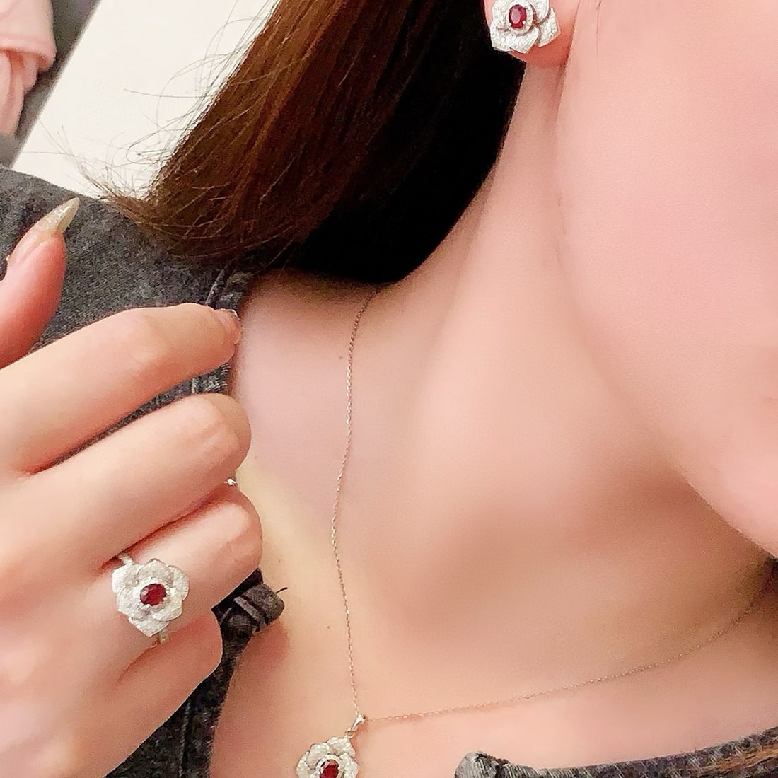14k Gold 3.12 Ctw Natural Ruby & Diamond Jewelry Set - 6