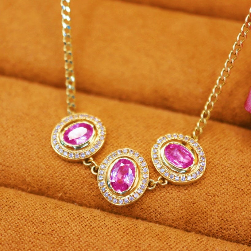 14k Gold 1.69 Ctw Natural Padparadscha Sapphire & Diamond Necklace - 2