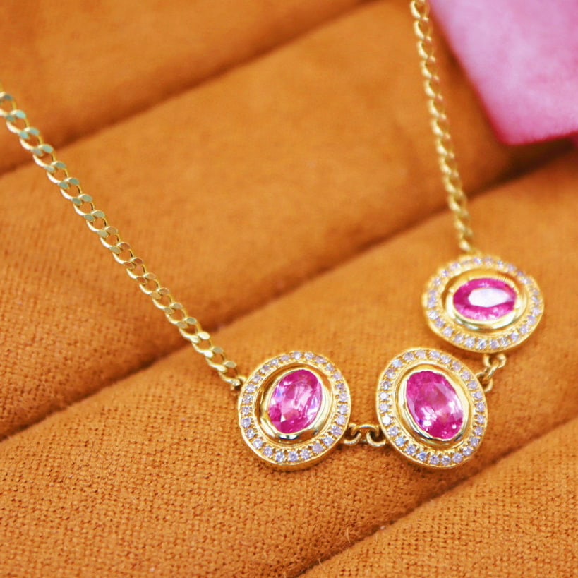 14k Gold 1.69 Ctw Natural Padparadscha Sapphire & Diamond Necklace - 3