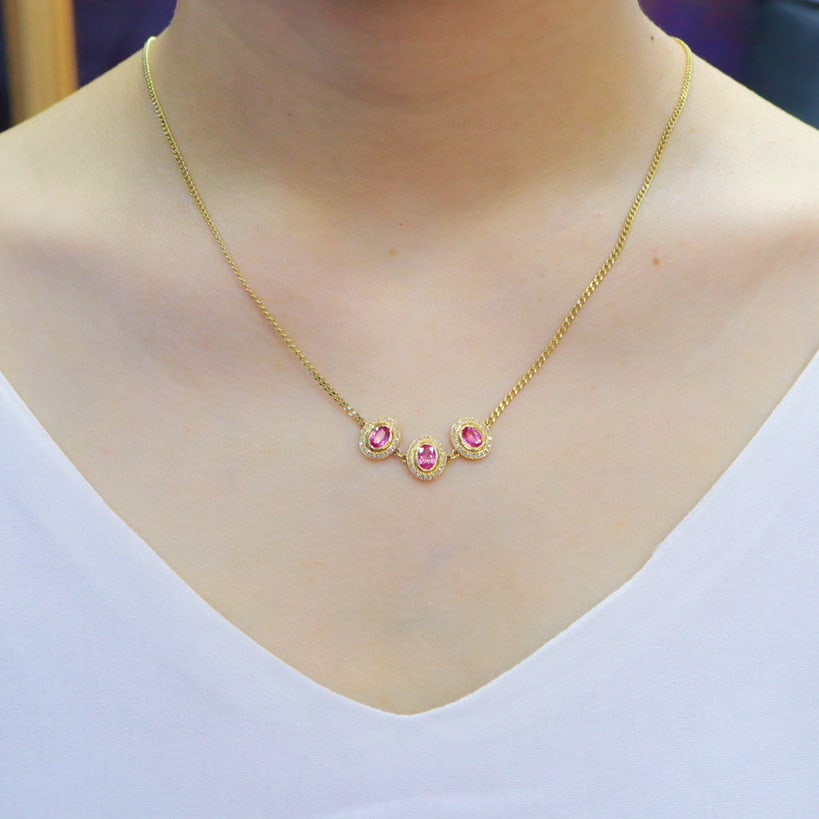 14k Gold 1.69 Ctw Natural Padparadscha Sapphire & Diamond Necklace - 5