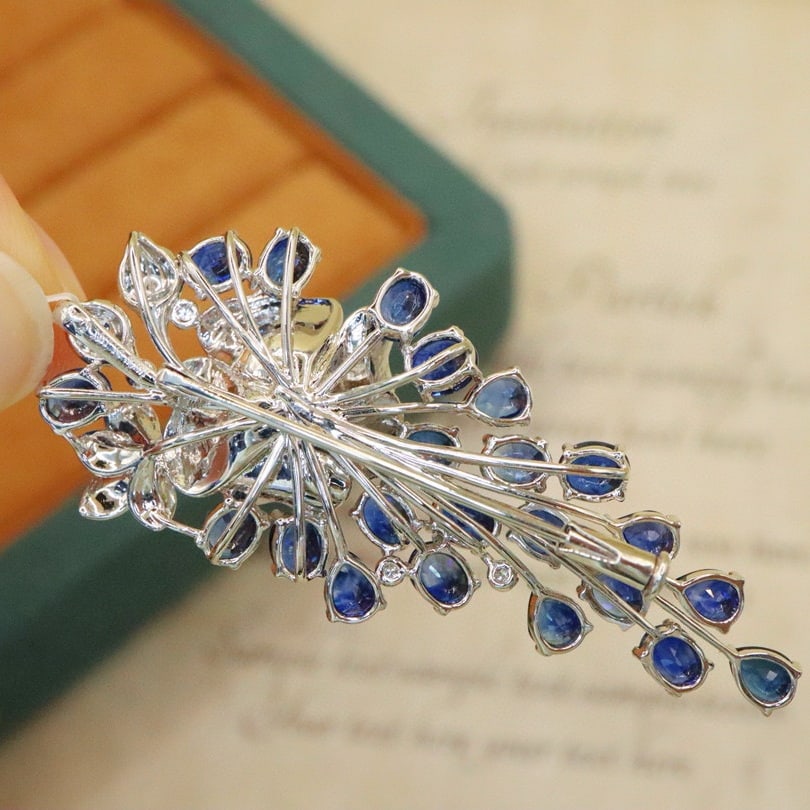 14k Gold 7.39 Ctw Natural Sapphire & Diamond Brooch/pendant( Without Chain ) - 4