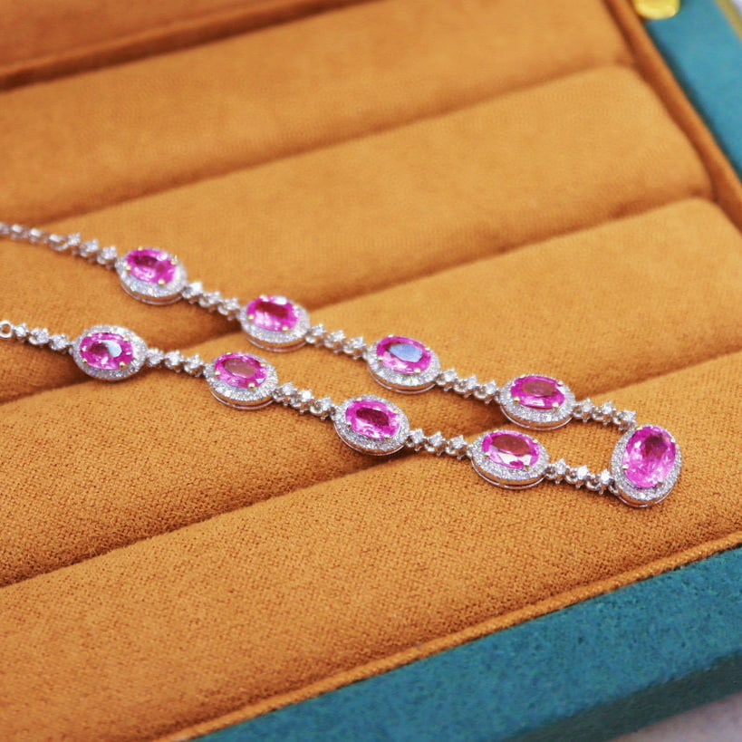 14k Gold 6.23 Ctw Natural Padparadscha Sapphire & Diamond Necklace - 2
