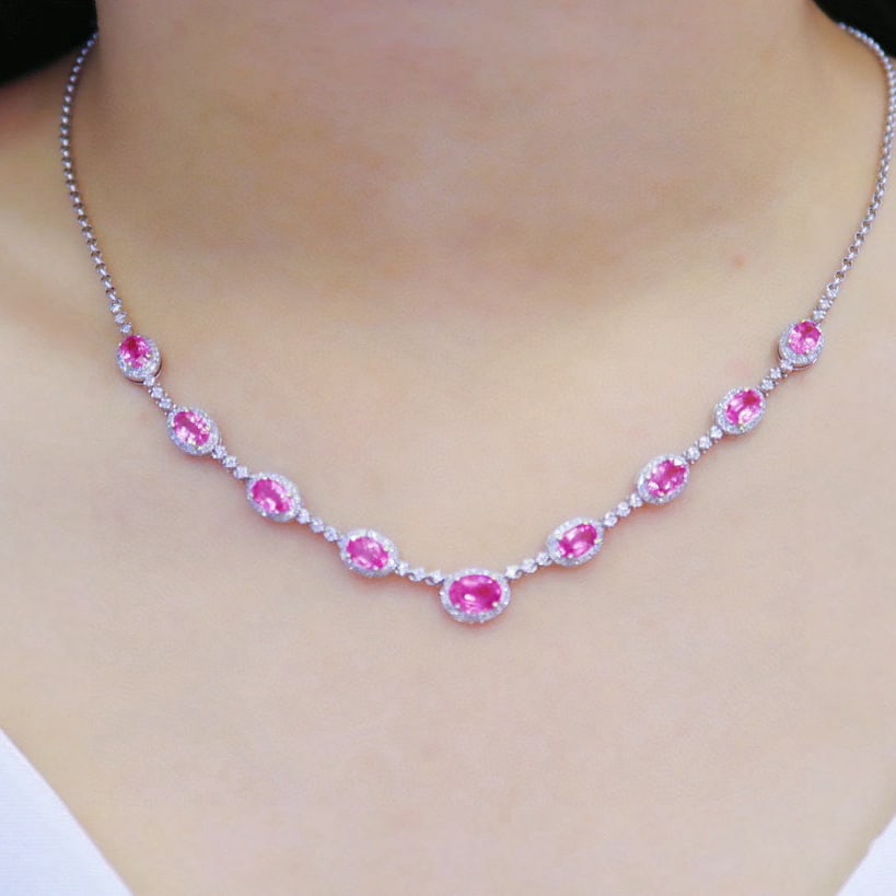 14k Gold 6.23 Ctw Natural Padparadscha Sapphire & Diamond Necklace - 4