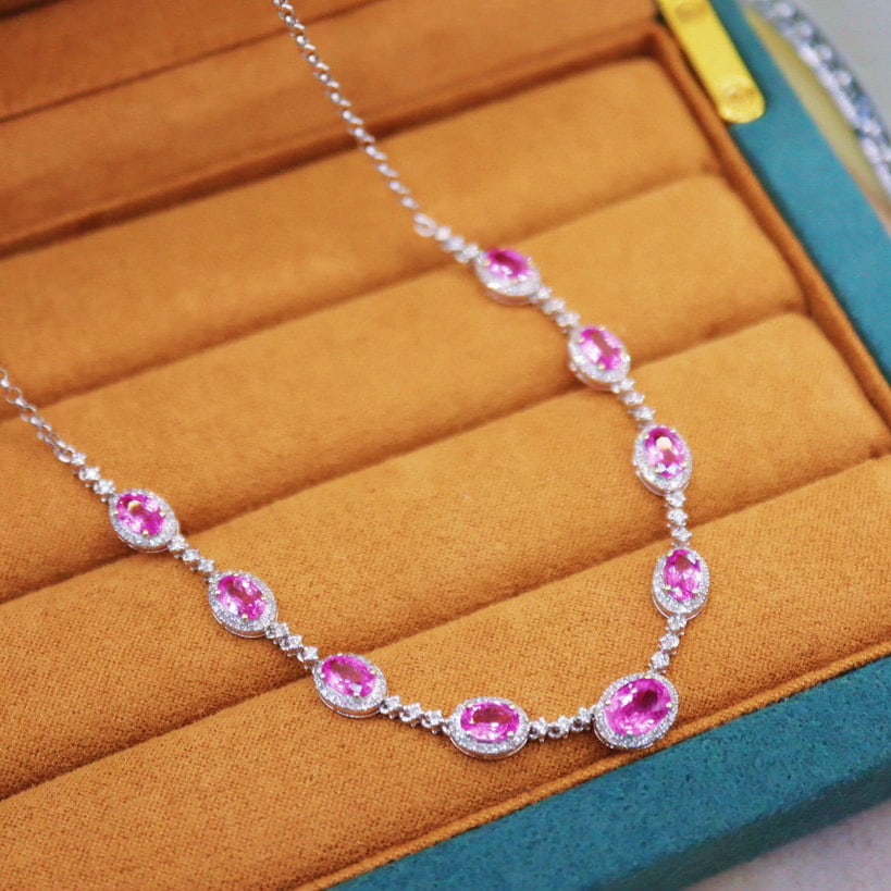 14k Gold 6.23 Ctw Natural Padparadscha Sapphire & Diamond Necklace - 5