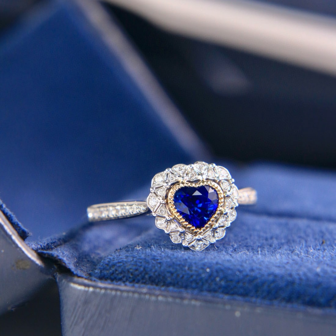 14k Gold 0.99 Ctw Natural Sapphire & Diamond Ring: Ref:230988141 // gold content:14k gold // ring size:7. 25us // // main gemstone:sapphire // shape:heart // carat weight:0. 84ct // color:royal blue // treatment:natural // // adjacent gemstone 2 :