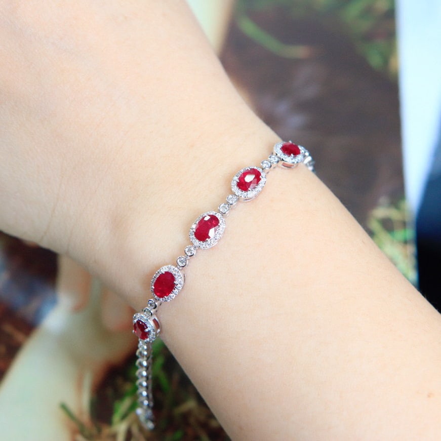 14k Gold 3.00 Ctw Natural Ruby & Diamond Bracelet - 7