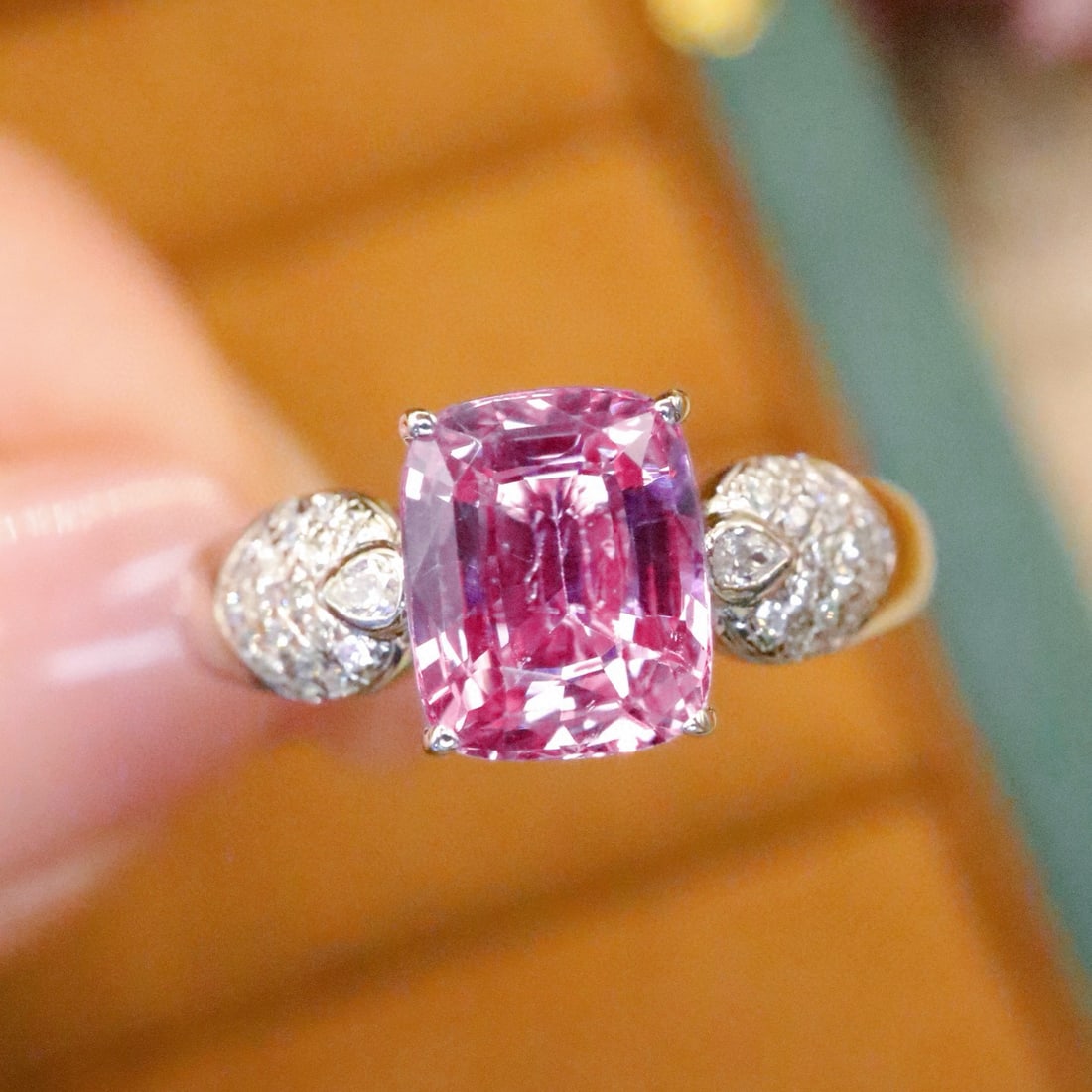 14k Gold 2.21 Ctw Natural Sapphire & Diamond Ring: Ref:230988148 // gold content:14k gold // ring size:7. 25us // // main gemstone:sapphire // shape:cushion // carat weight:2. 06ct // color:pink // treatment:natural // // adjacent gemstone 2 :