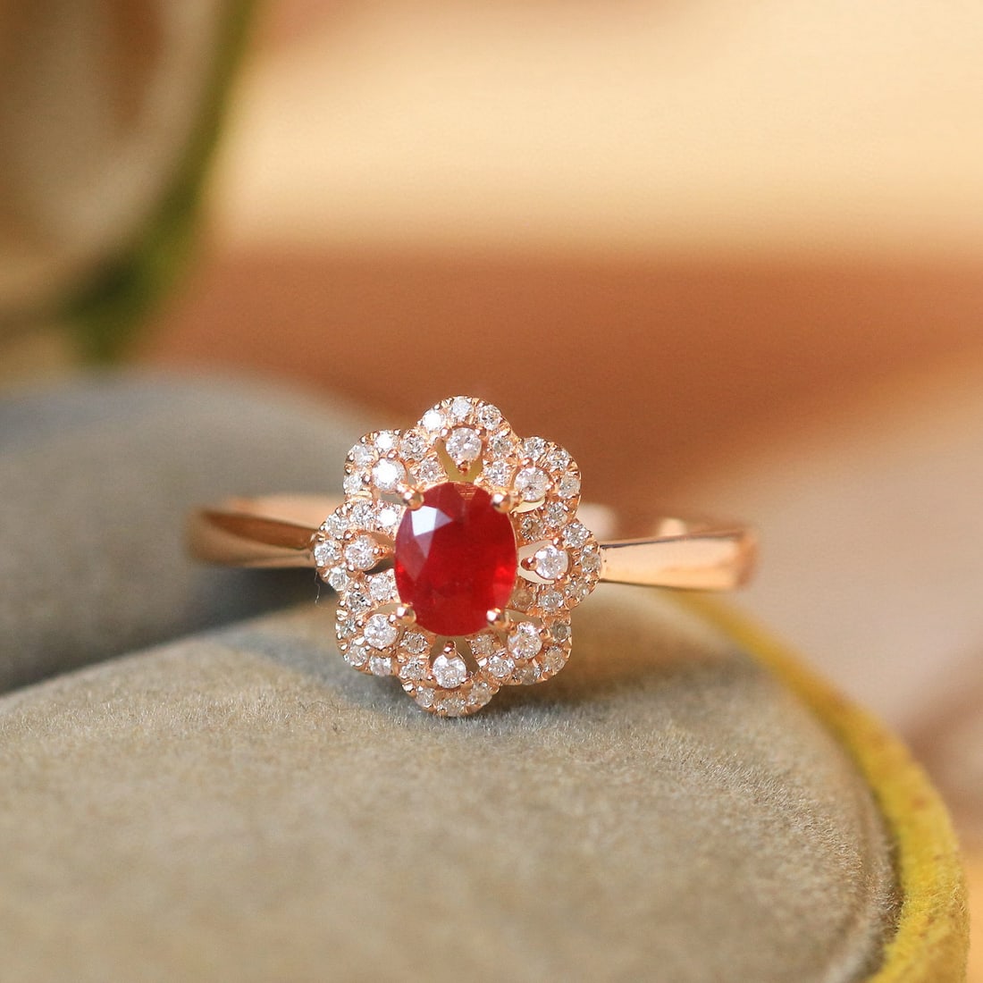 14k Gold 0.83 Ctw Natural Ruby & Diamond Ring: Ref:230988150 // gold content:14k gold // ring size:7. 25us // // main gemstone:ruby // shape:oval // carat weight:0. 6ct // color:pigeonblood red // treatment:natural // // adjacent gemstone 2 :