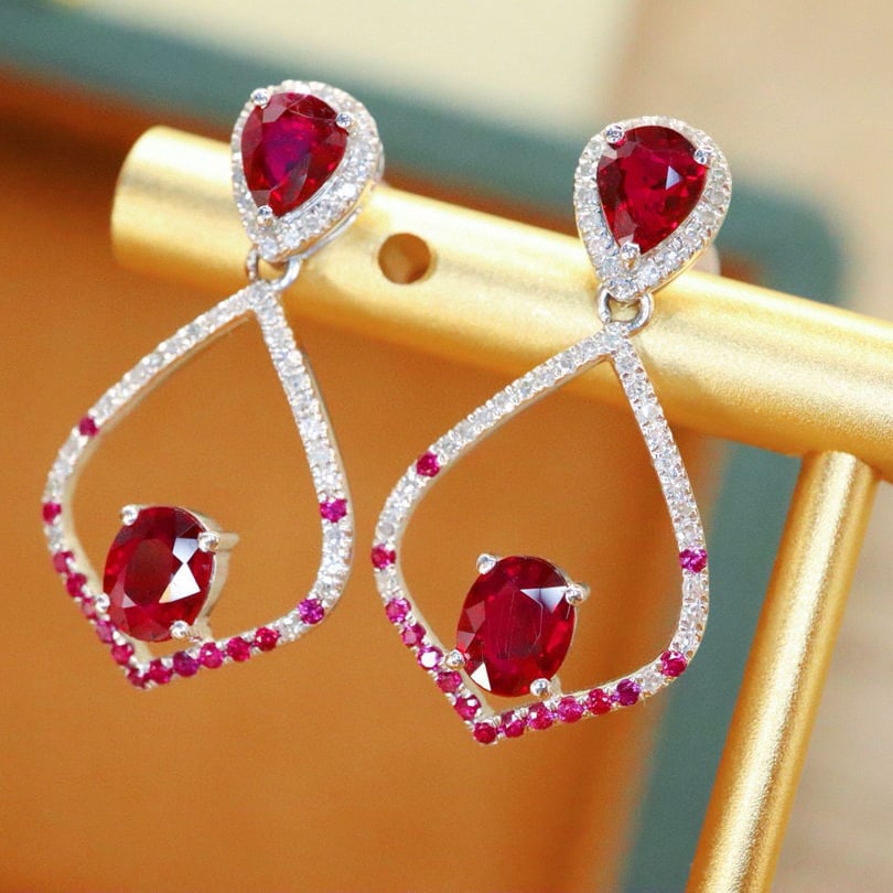 14k Gold 2.10 Ctw Natural Ruby & Diamond Earrings - 2