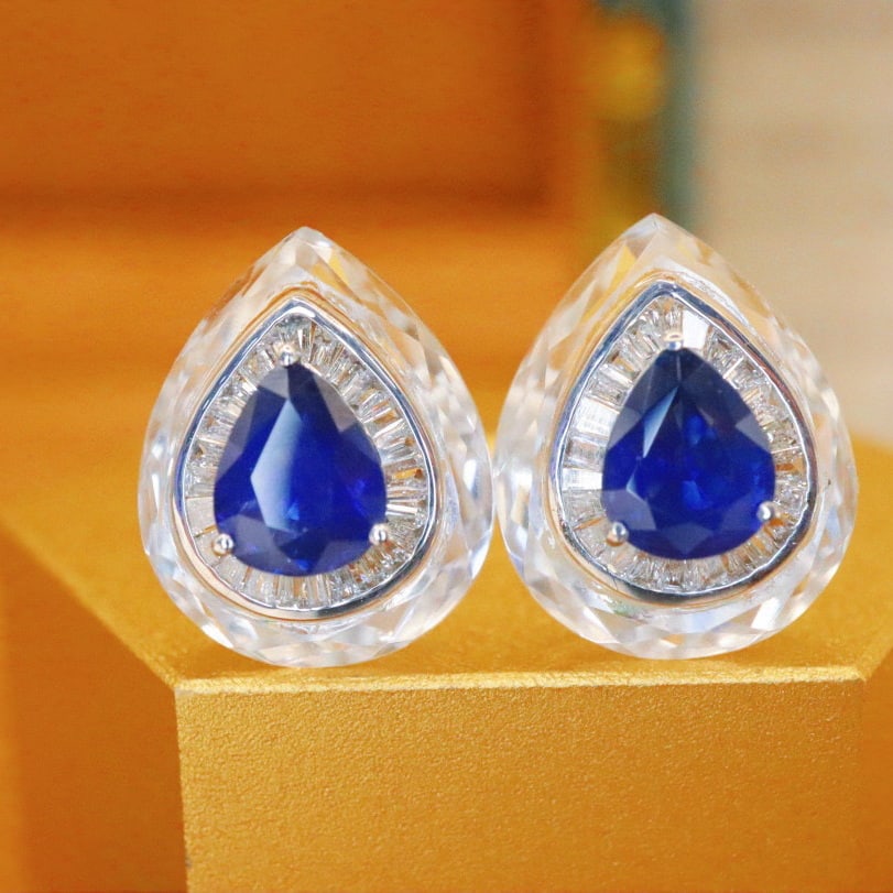 14k Gold 1.64 Ctw Natural Sapphire & Diamond Earrings: Ref:230988155 // gold content:14k gold // main gemstone:sapphire // shape:pear // carat weight:1. 36ct // color:royal blue // treatment:natural // // adjacent gemstone 2 : diamond // number of