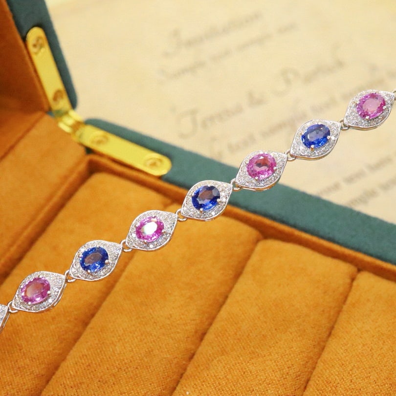 14k Gold 7.29 Ctw Natural Sapphire & Diamond Bracelet - 4
