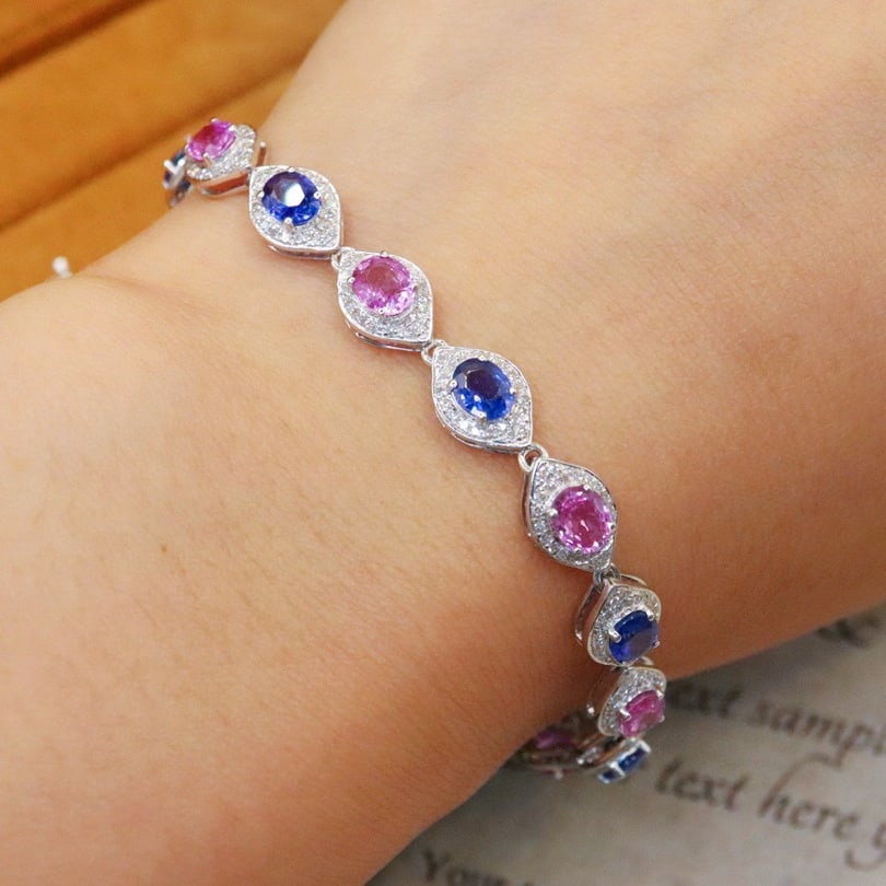 14k Gold 7.29 Ctw Natural Sapphire & Diamond Bracelet - 5
