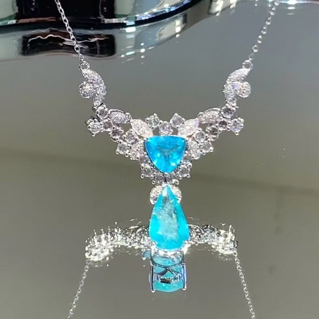14k Gold 2.6 Ct Natural Paraiba Tourmaline & Diamond & Sapphire Necklace - 2