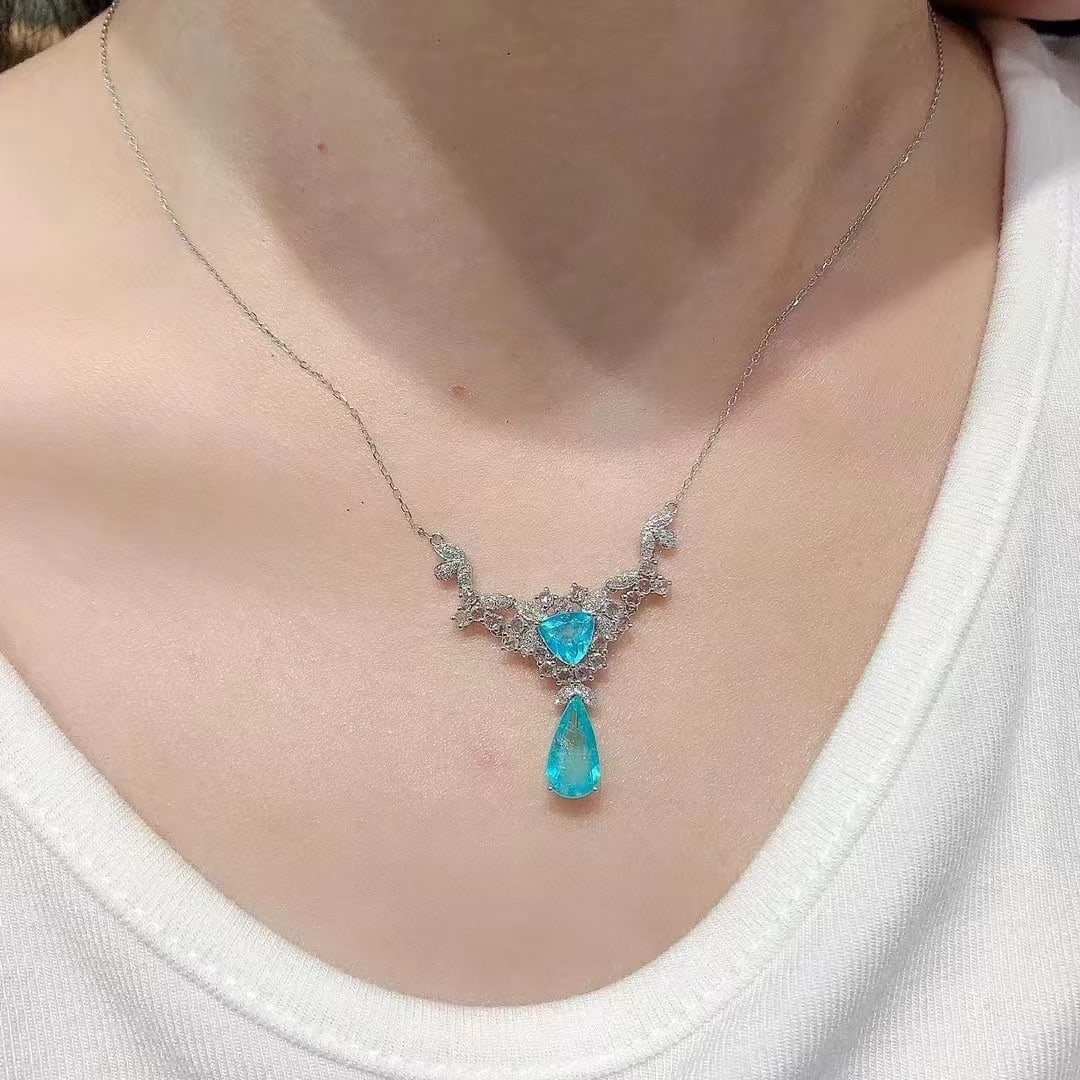 14k Gold 2.6 Ct Natural Paraiba Tourmaline & Diamond & Sapphire Necklace - 3