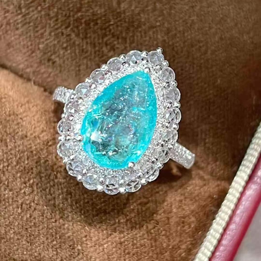 14k Gold 3.1 Ct Natural Paraiba Tourmaline & Diamond & Sapphire Ring - 2