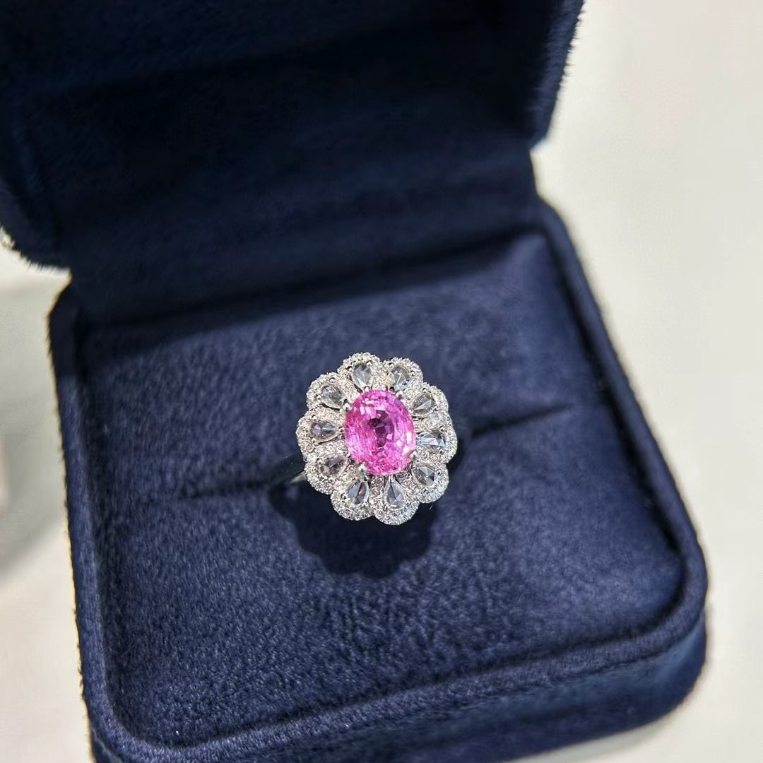 14k Gold 2.62 Ctw Natural Padparadscha Sapphire & Diamond Ring: Ref:230988176 // gold content:14k gold // ring size:7. 25us // // main gemstone:padparadscha sapphire // shape:oval // carat weight:2. 0ct // color:orangish pink // treatment:natural // // adjacent