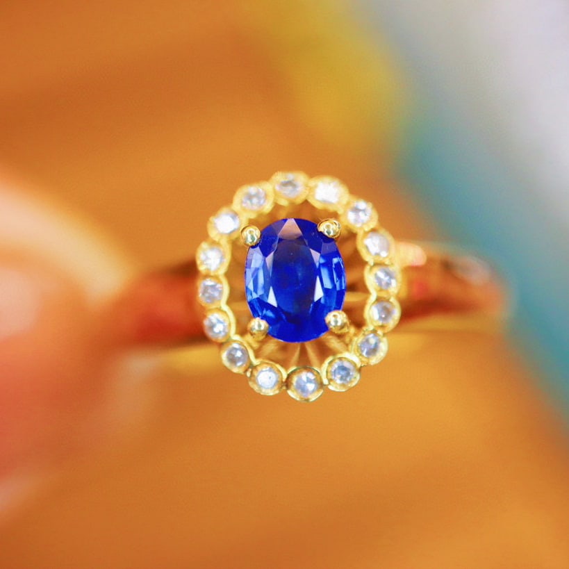 14k Gold 0.43 Ctw Natural Sapphire & Diamond Ring: Ref:230988200 // gold content:14k gold // ring size:7. 25us // // main gemstone:sapphire // shape:oval // carat weight:0. 35ct // color:blue // treatment:natural // // adjacent gemstone 2 : diamond