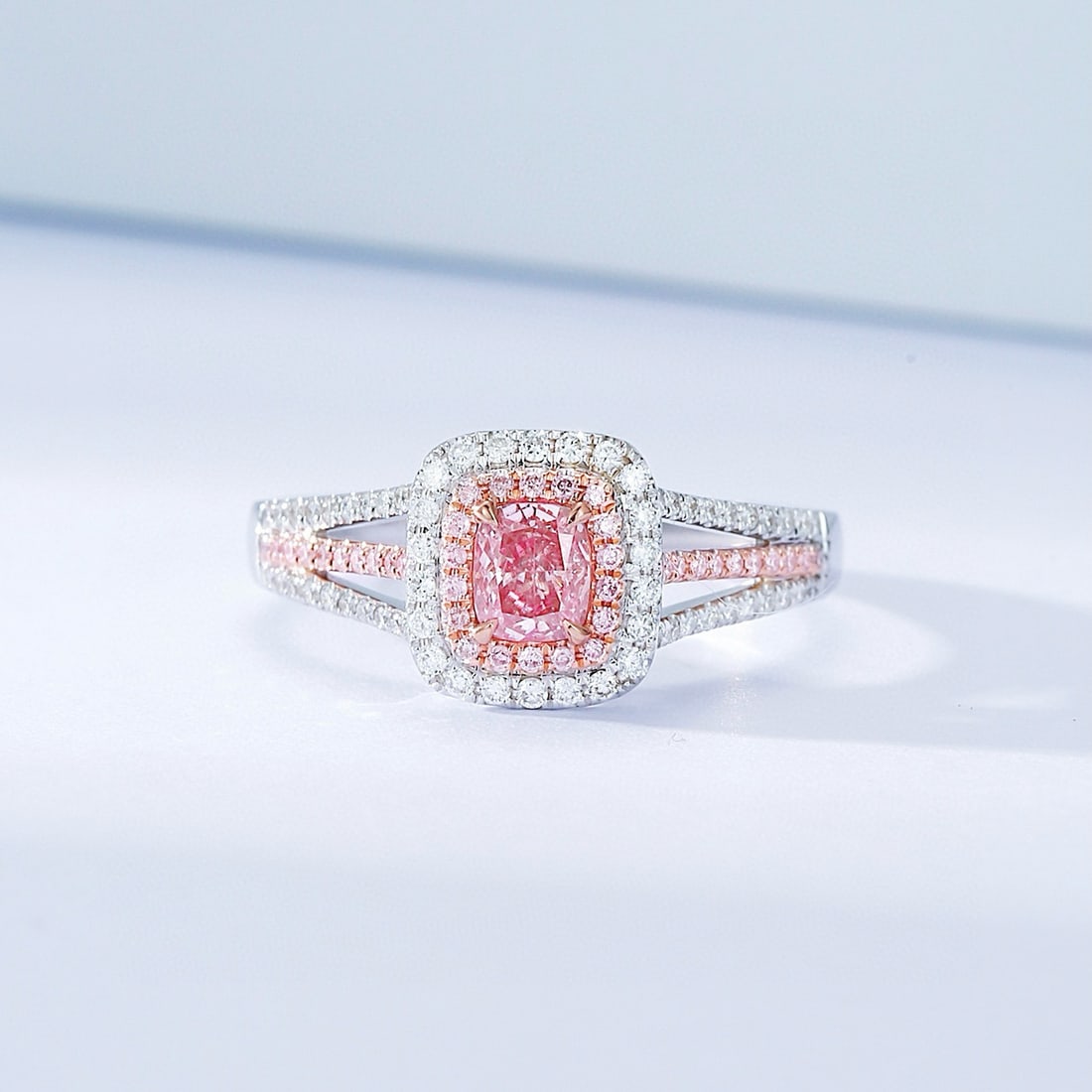 14k Gold 0.67 Ctw Natural Pink Diamond & Diamond Ring: Ref:230988203 // gold content:14k gold // ring size:7. 25us // // main gemstone:pink diamond // shape:cushion // carat weight:0. 35ct // color:pink // treatment:natural // // adjacent gemstone 2 : dia