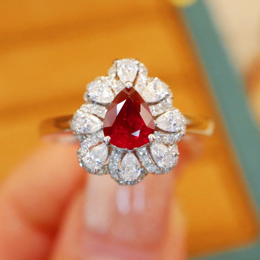 14k Gold 1.13 Ctw Natural Ruby & Diamond Ring/pendant( Without Chain ): Ref:230988208 // gold content:14k gold // ring size:7. 25us // // main gemstone:ruby // shape:pear // carat weight:0. 65ct // color:pigeonblood red // treatment:natural // // adjacent gemstone 2 :