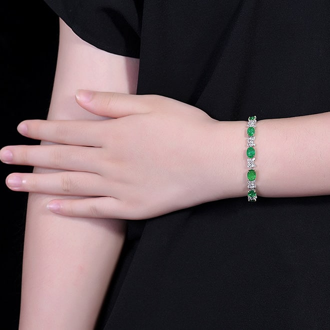 14k Gold 9.83 Ctw Vivid Green Natural Emerald & Sapphire Bracelet - 4
