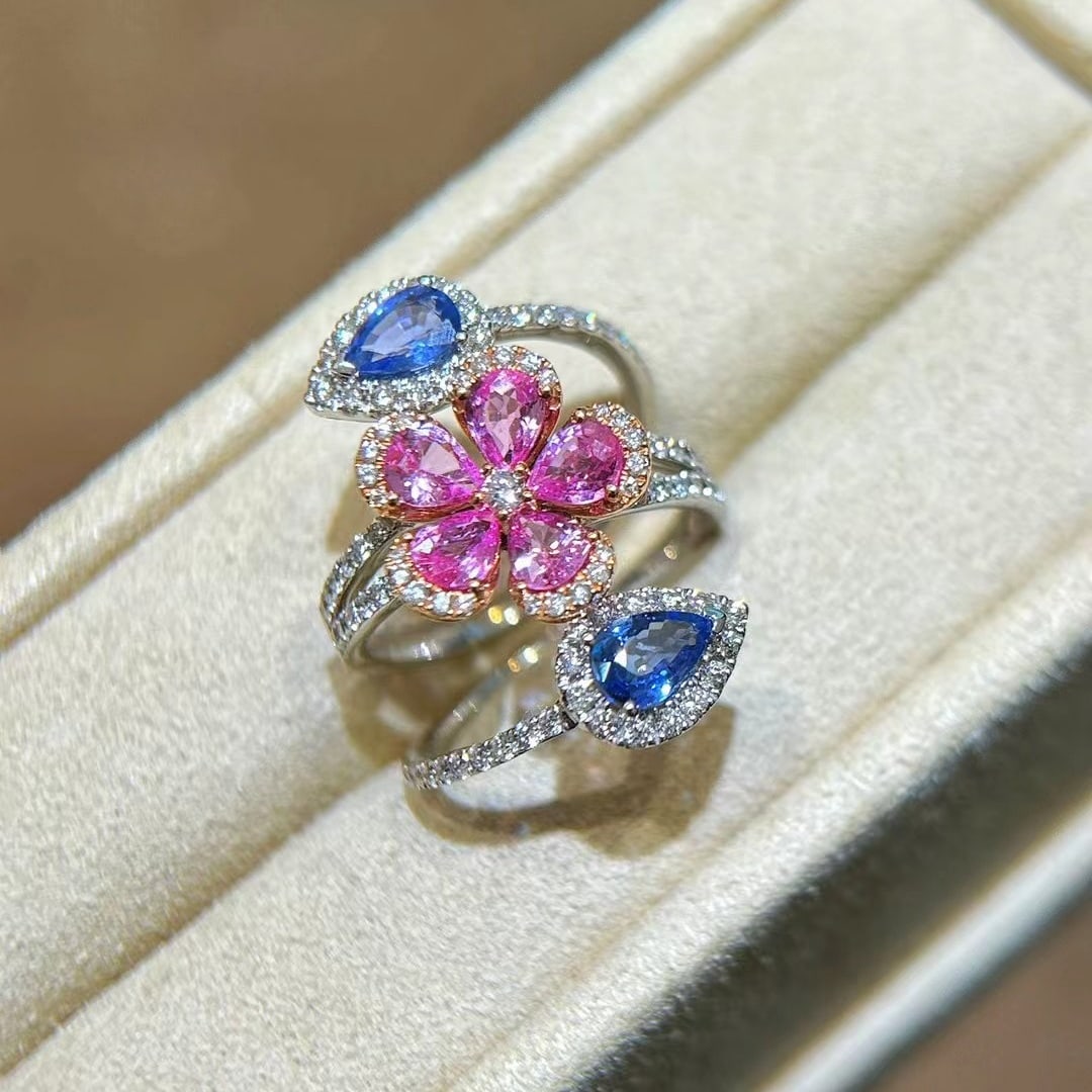 14k Gold 2.56 Ctw Natural Sapphire & Sapphire Ring: Ref:230988217 // gold content:14k gold // ring size:7. 25us // // main gemstone:sapphire // shape:pear // carat weight:1. 53ct // color:pink // treatment:natural // // adjacent gemstone 2 : sapphire /