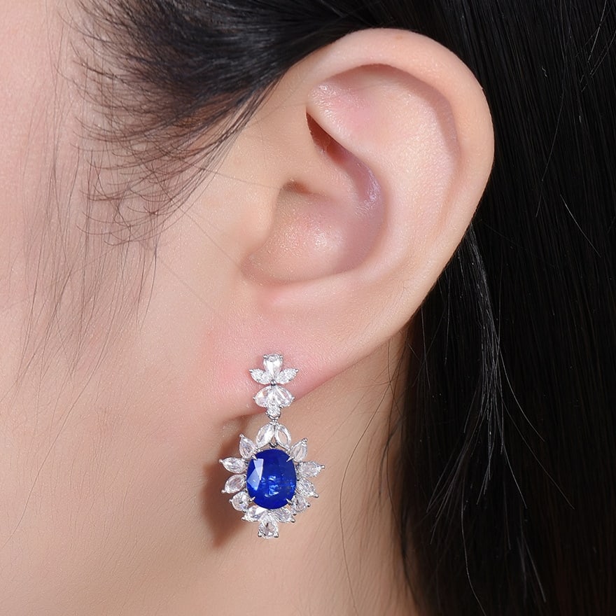 14k Gold 6.57 Ctw Natural Sapphire & Diamond Earrings - 3