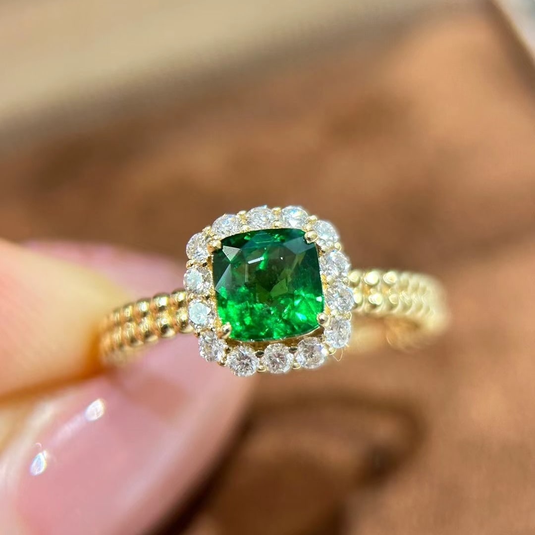 14k Gold 1.25 Ctw Vivid Green Natural Tsavorite & Diamond Ring: Ref:230988230 // gold content:14k gold // ring size:7. 25us // // main gemstone:tsavorite // shape:cushion // carat weight:0. 99ct // color:vivid green // treatment:natural // // adjacent gemstone 2