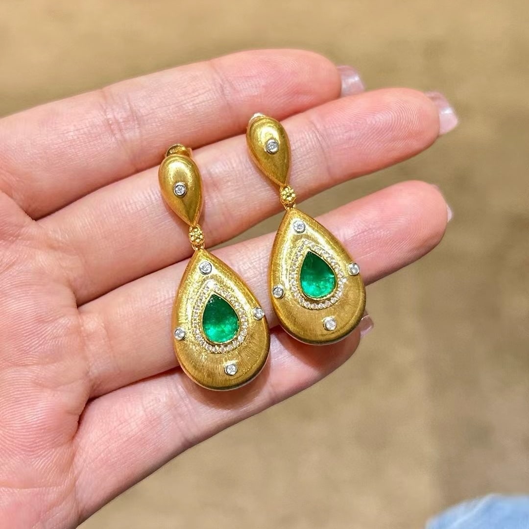 14k Gold 2.39 Ctw Vivid Green Natural Emerald & Diamond Earrings - 7