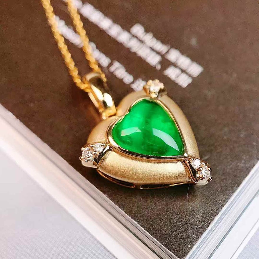 14k Gold 1.49 Ctw Vivid Green Natural Emerald & Diamond Pendant( Without Chain ) - 3