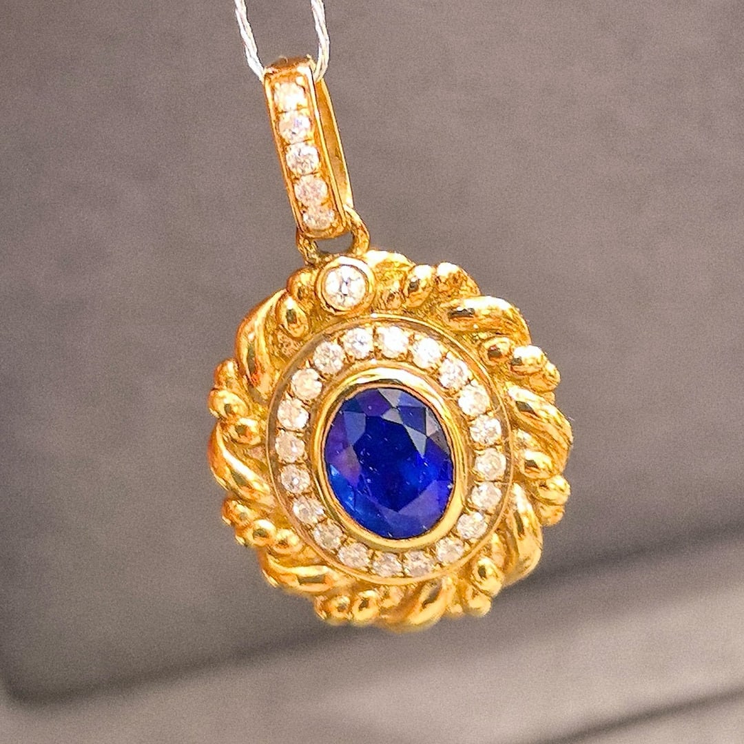 14k Gold 0.94 Ctw Natural Sapphire & Diamond Pendant( Without Chain ) - 2