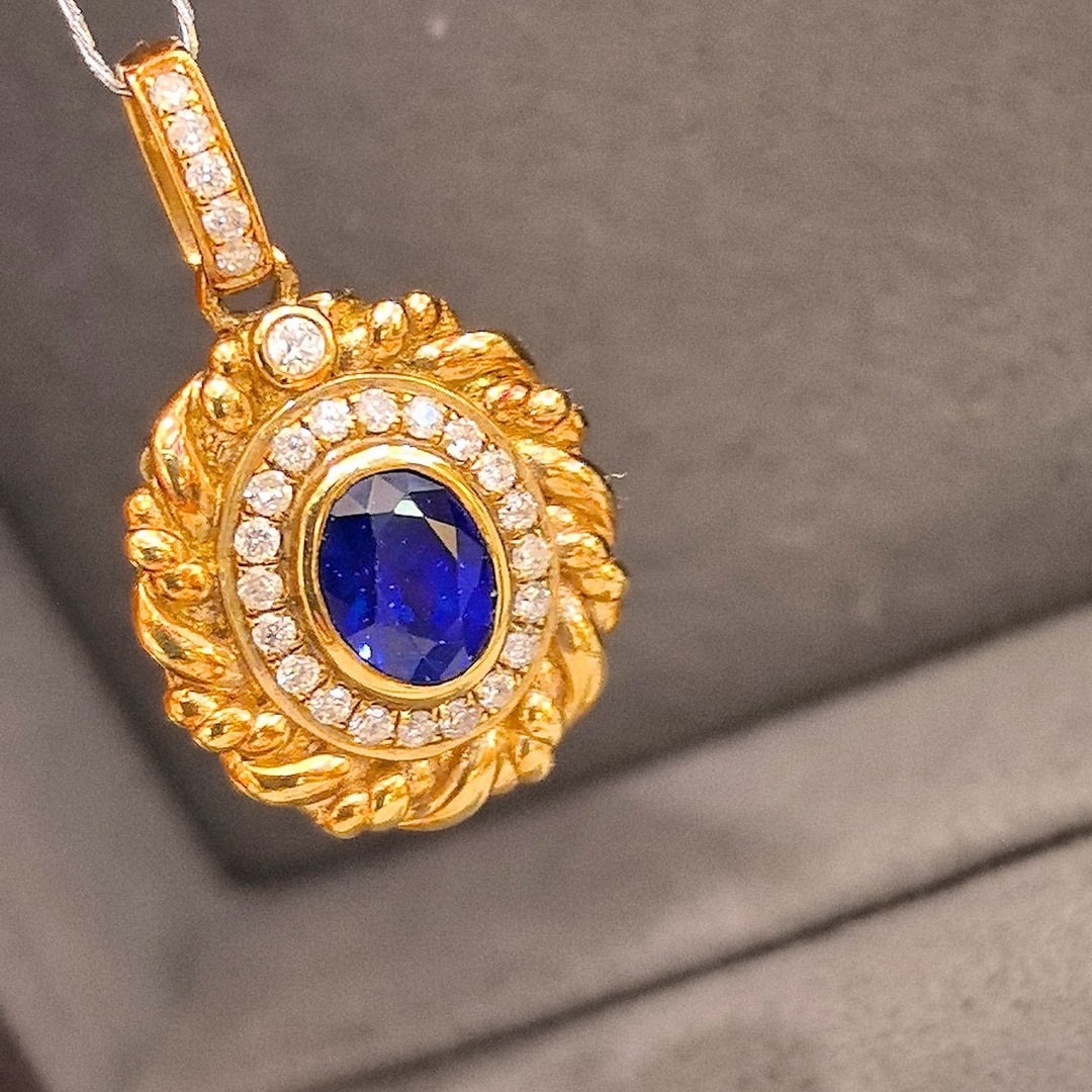 14k Gold 0.94 Ctw Natural Sapphire & Diamond Pendant( Without Chain ) - 3