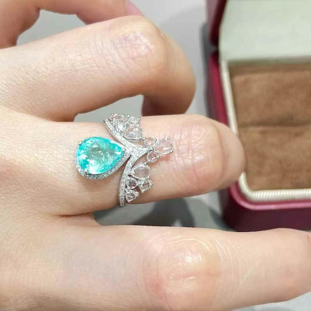 14k Gold 2.1 Ct Natural Paraiba Tourmaline & Diamond & Sapphire Ring - 2