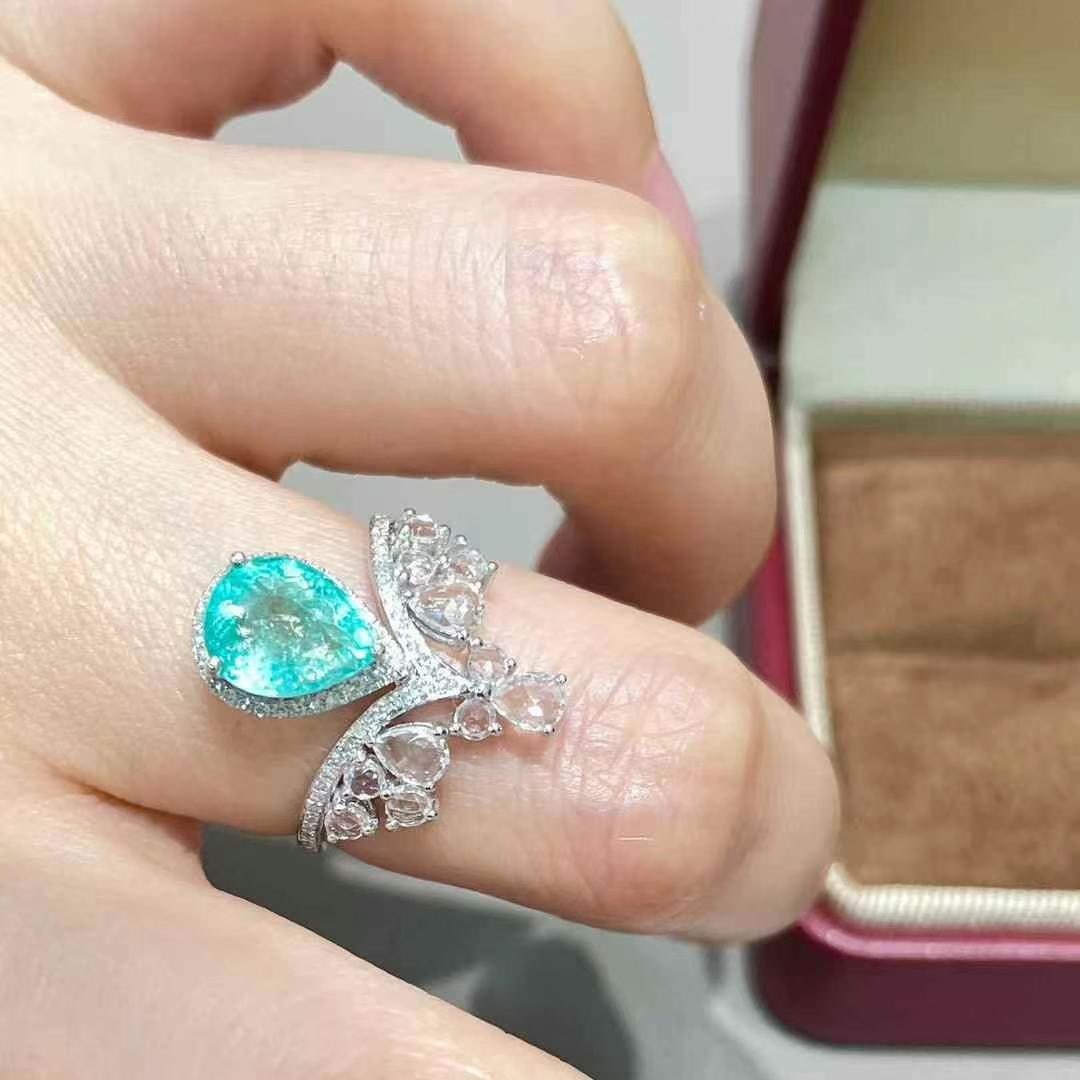 14k Gold 2.1 Ct Natural Paraiba Tourmaline & Diamond & Sapphire Ring - 3