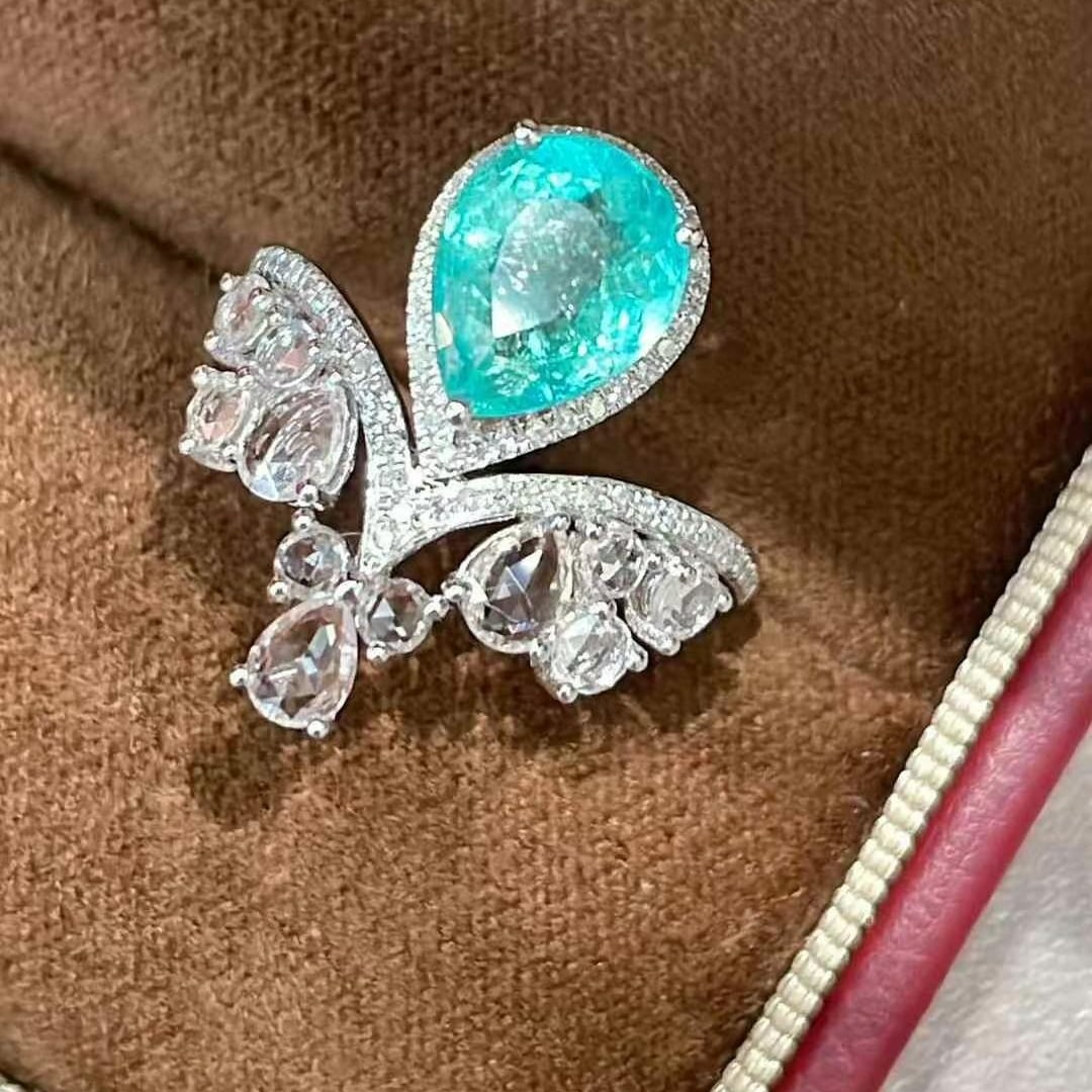 14k Gold 2.1 Ct Natural Paraiba Tourmaline & Diamond & Sapphire Ring - 4
