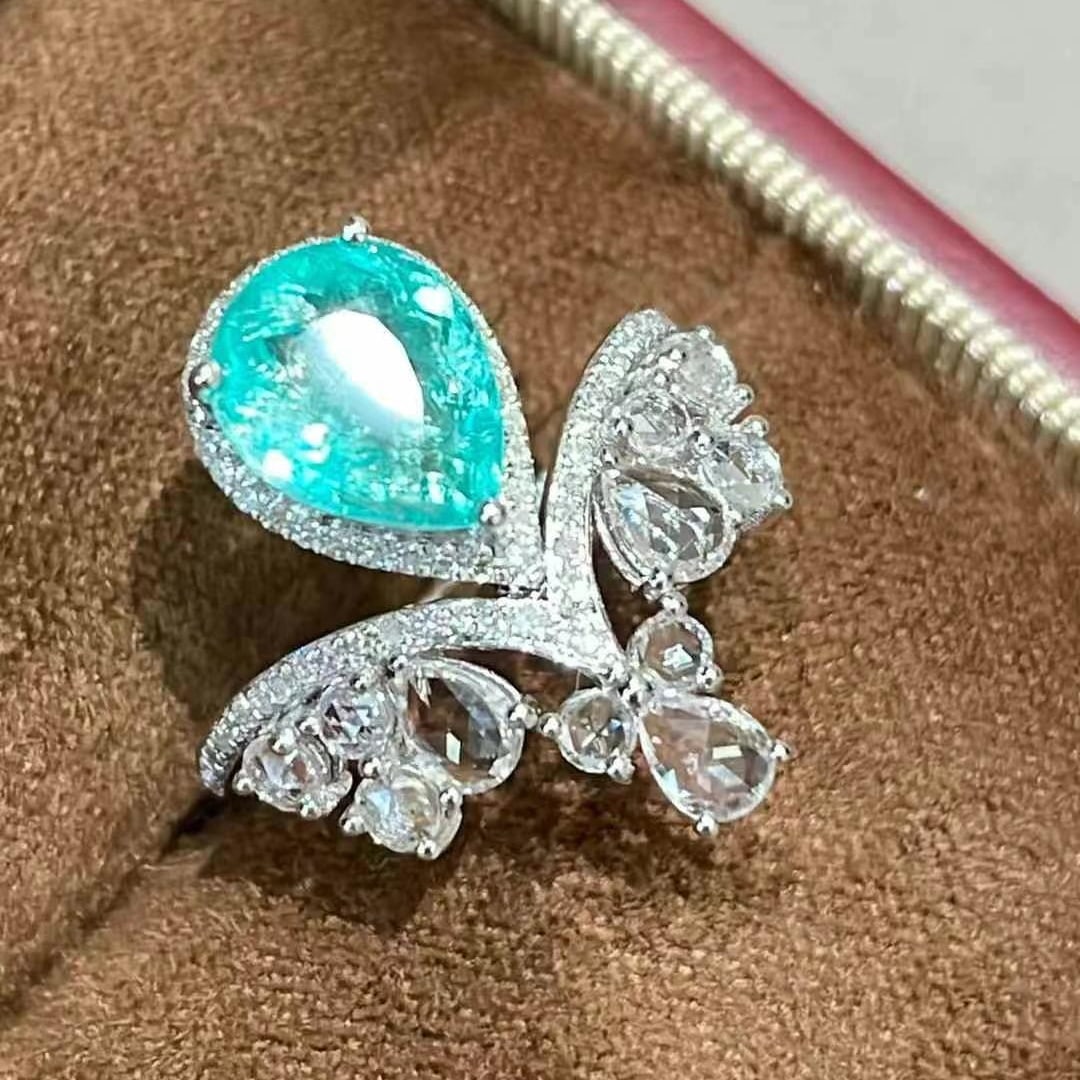 14k Gold 2.1 Ct Natural Paraiba Tourmaline & Diamond & Sapphire Ring - 6