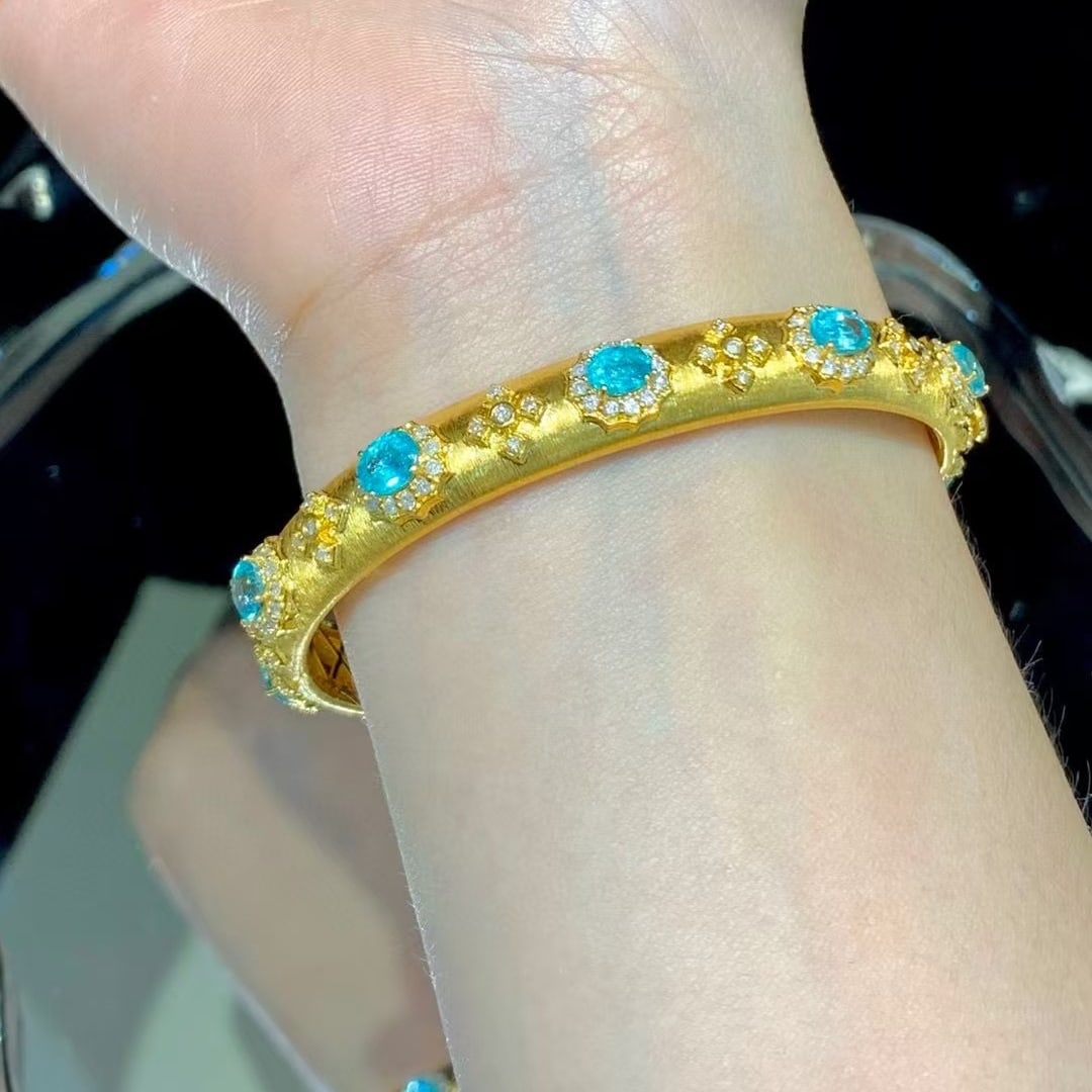 14k Gold 5.2 Ct Natural Paraiba Tourmaline & Diamond Bangle - 2