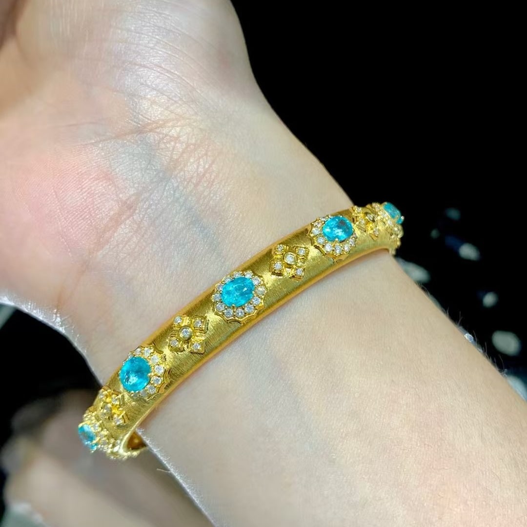 14k Gold 5.2 Ct Natural Paraiba Tourmaline & Diamond Bangle - 3