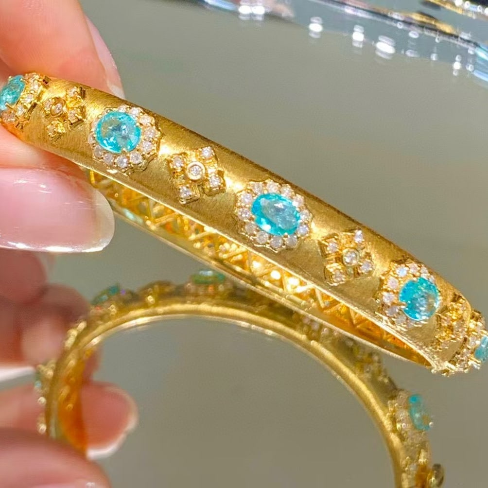14k Gold 5.2 Ct Natural Paraiba Tourmaline & Diamond Bangle - 5